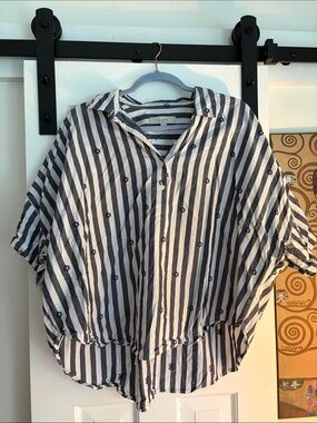 LOFT Navy & White Vertical Stripe Embroidered Button-Down Shirt